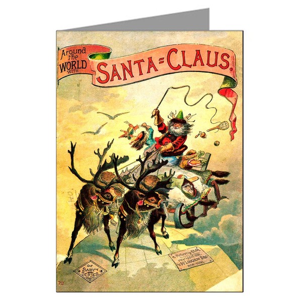 Classic Vintage Christmas Card Showing Santa and Reindeer Sleigh Over The World, Victorian Holiday Greeting Cards Boxed Set