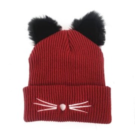 Sanqidu Women Lady Solid Knitted Cat Ear Hat Girls Headgear Crochet Beanie Fall Winter Head Wear Gift for Cat Lover (C-Red)