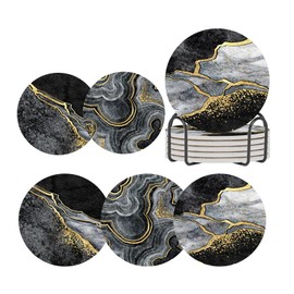 ubcindy Black and Gold Marble Coasters Set of 6 for Drinks,Round Absorbent Ceramic Stone Coaster,Black Gray Modern Marble Coasters with Metal Holder Stand and Cork Base for Coffee Kitchen Party Gift