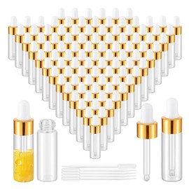 Kesell 100 Pack Mini Glass Dropper Bottles 5ml Clear Vials with Dropper for Essential Oil, Small Travel Bottle with 5 Plastic Droppers Small Sample Container with Lids (Gold)
