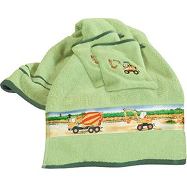 Erwin Müller Children's Terry Towel Set Tractor 3-Piece Set Digger Green Size 50 x 100 cm + 15 x 21 cm Hand Towel and 2 x Wash Cloths 100% Cotton with Woven Border