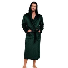 EK4YDNDS Mens Hooded Fleece Robe, Lightweight Soft Warm Fleece Bathrobe Shower Spa Long Robe With Pockets(DARK GREEN,S/M)