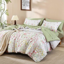 Yiran 7 Piece Pink Green Floral Comforter Set King Size, Cute Botanical Comforters Lightweight Coquette Bedding Set Flower Bed in a Bag Soft Farmhouse Bedding Set with Sheets for Women