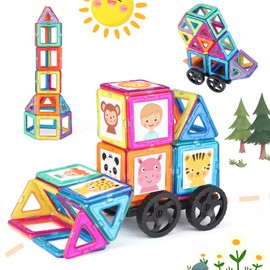 mysoler Magnetic Building Blocks, 63 Pieces, Magnetic Building Blocks, Magnets, Children's Magnetic Toy Set for Children from 3-8 Years, Building Blocks for Boys and Girls, with Car Wheels for More