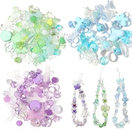 170~210pcs Cute Assorted Beads for Jewelry Making Acrylic Kawaii Aesthetic Beads for Bracelets Making Flower Butterfly Beads Bulk Necklaces DIY Mobile Phone Chains (Blue Green Purple)
