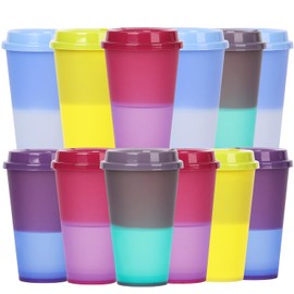 Yisituo 16oz Hot Cup, Travel Coffee Cup, 12 Pack Reusable and Colour Changing Plastic Tumbler with Lid and Straw, Perfect for Home, Car, Beach, Camping, and More (12, Rainbow)