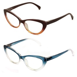 V.W.E. 2 Pairs Women Cateye Glasses Reading Readers Anti Blue Light UV Eye Protection (1 Blue 1 Brown, 4.00, multiplier_x)