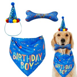 IDOLPET Dog Birthday Boy Bandana Hat Toy Set - Pet Party Supplies, Triangle Bibs With Cute Bone Scarf Accessories and Decoration for Large Doggy - Blue