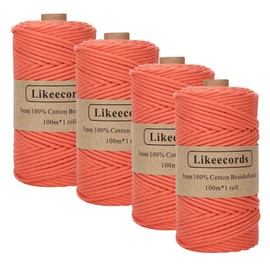 Likeecords 4 Skeins Braided Macrame Cotton Cord, 3mm x 100m, Macrame Rope for Crafts, Knitting, Wall Hanging, Plant Hangers (Orange)