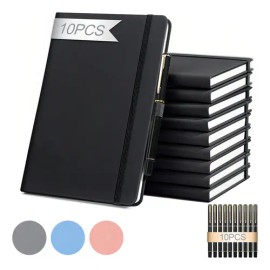 Cuaderno de rayas tamaño A5 (con 10 bolígrafos) 200 páginas, paquete de 10 unidades Negro