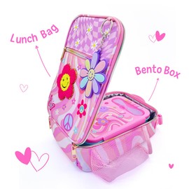 Hot Focus Groovy Flower Kids Lunch Set, Insulated Bag with Bento Box, Pink and Purple with Flower Design, Includes Keychain
