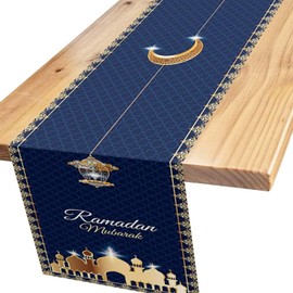 Ramadan Mubarak Table Runner, Ramadan Table Cloth Blue Ramadan Tablecloth, Eid Ramadan Table Runner, Blue Moon Mosque Ramadan Table Runner Dinning Room for Home Ramadan Decorations