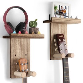 VINCOURNA Wooden Guitar Stand with Shelf, Pack of 2 Guitar Holders for Wall Guitar Wall Mount Guitar Stand for Acoustic Guitar Bass E Guitar Ukulele Stand Accessories Carbonised Black