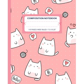 Cat Composition Notebook: Super Cute Girly Pastel Pink Kawaii Coquette Aesthetic Wide Ruled Journal; Hearts & Hello Design; Preppy Y2K Back to School Supplies; Perfect Journaling Gift For Girl, Teen