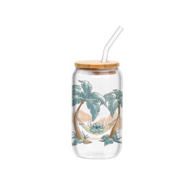 Silver Buffalo Stitch in Tropical Hammock Glass Tumbler with Bamboo Lid and Glass Straw, 16 Ounces