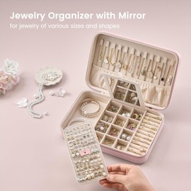 Lolalet Travel Jewelry Case for Women Girls -Large, Pink | Jewelry Box Organizer for Travel Essentials, Mirror & Clear Storage Bag, Earring Necklace