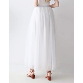 Aivtalk Womens Long Tutu Tulle Skirt White Mesh Pleated Layered A-line Skirt for Party Prom Evening