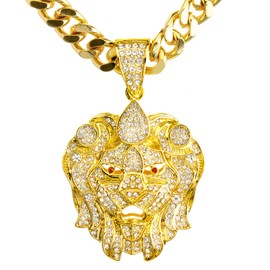 Celeb Style Rapper Full Iced Hip Hop14K Gold Plated Iced Out Lion Head Pendant 30" Heavy Cuban Chain Necklace HC 6037 G