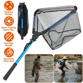 LUSHAZER Fishing Landing Net w/ Telescopic Pole Handle Retractable Foldable Coating Nylon