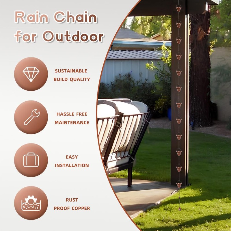 dreamysoul Copper Rain Chains for Outside, 10.43FT with 12 Cups