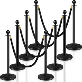 Ferraycle 8 Pcs Stainless Steel Crowd Control Stanchions and Velvet Ropes 5 ft Red Carpet Poles Black Ropes Safety Barriers with Sand Injection Hollow Base for Party Supplies