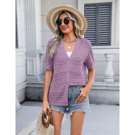 Zeagoo Women's 2025 Summer Short Sleeve Crochet Cardigan V Neck Cropped Lightweight Button up Bolero Shrug Sweater Purple