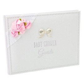 Happy Homewares Beautiful Baby Shower Guest Book with Pink Faux-Silk Roses and Silver Metal Double Bow Inner Pages Read Family & Friends to Write