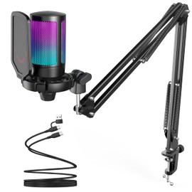 FIFINE Gaming PC USB Microphone, Podcast Condenser Mic with Boom Arm, Pop Filter, Mute Button for Streaming, Twitch, Online Chat, RGB Computer Mic for PS4/5 PC Gamer Youtuber-AmpliGame A6T