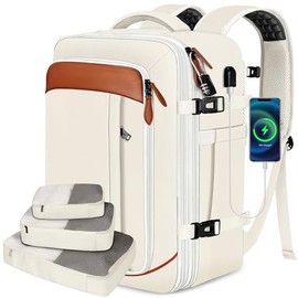 Vancropak Travel Backpack for Women, Airline Approved Carry On Backpack with 3 Packing Cubes, Expandable Large 40L Travel Bag fits 17" Laptop, Anti Theft Luggage Suitcase Weekend Daypack, White Brown
