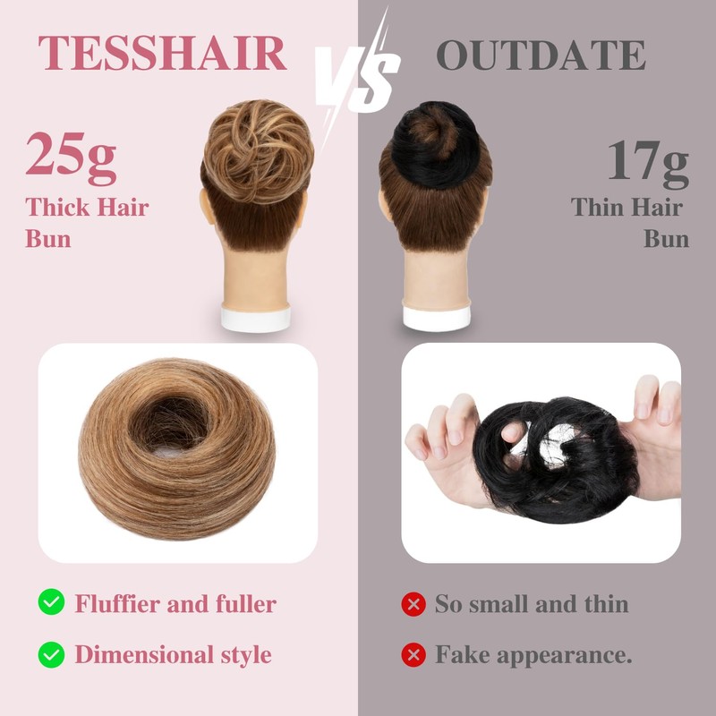 TESSHAIR Thick Human Hair Messy Bun, 100% Real Hair Bun