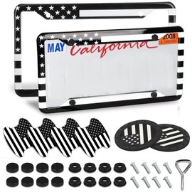 Black American Flag License Plate Frame-2 Pack Universal Aluminum Patriotic Car Tag Holder Front Rear US Flag Plate Frame Covers with Screws and Caps,2 USA Flag Coasters,4 Door Handle Sticker