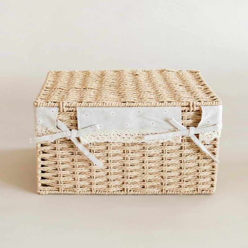 Rattanzenith Wicker Basket with Lid Paper Rope Storage Baskets for