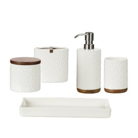 Motifeur Bathroom Accessories Set, 5-Piece Ceramic and Wood Bath Accessory Complete Set with Lotion Dispenser/Soap Pump, Cotton Jar, Vanity Tray, Tumbler and Toothbrush Holder (White and Beige)