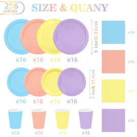 FULJOOY 256 Pcs Pastel Party Supplies Paper Plates Cups Napkins Macaron Color Pink Cutlery Include Paper Plates Cups Napkins Pastel Mix Color Disposable Dinnerware Party Decorations for Baby Shower