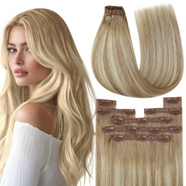YoungSee 16Inch 120G 7Pcs Clip in Human Hair Extensions Balayage Golden Brown Ombre Remy Human Hair Clip in Extensions with No Damage