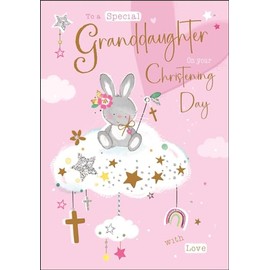 Granddaughter Christening Congratulations Card - Special Granddaughter - Rabbit and Stars - Special Finishes and Illustrated Insert Leaf - Made in the UK