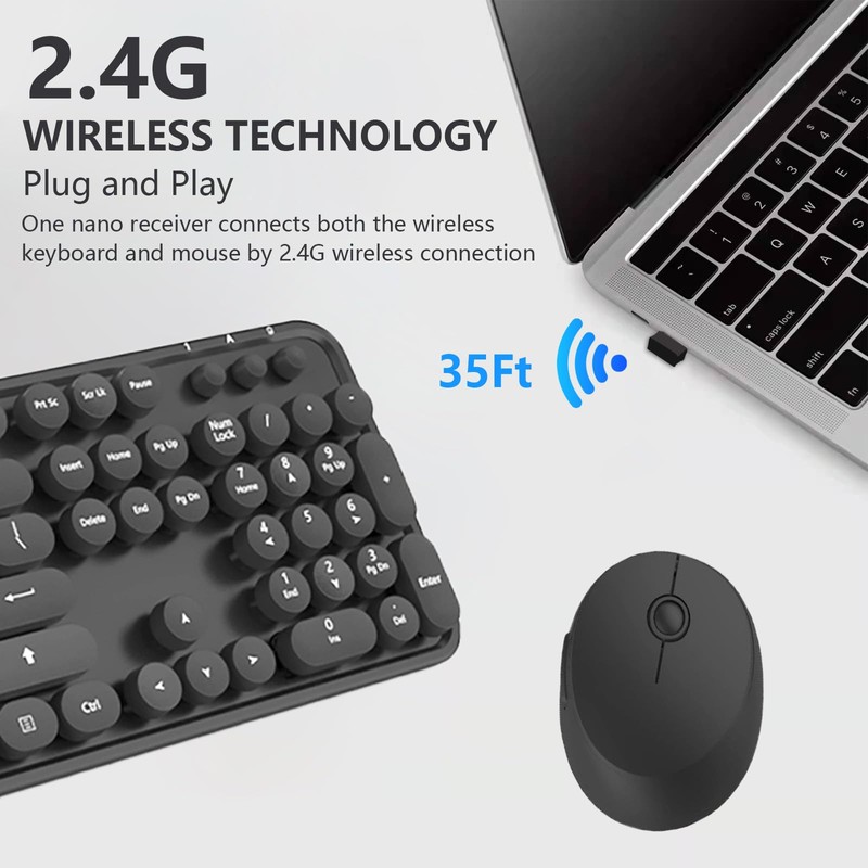 Wireless Keyboard and Mouse Combo, Retro Typewriter Style Keyboard with