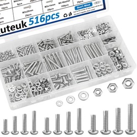 mxuteuk 516 Pcs Nuts and Bolts Assortment Kit 21-Sizes Screws Bolts and Nuts Assortment Kit M3/M4/M5/M6 Metric Machine Screws/Nuts/Bolts/Flat Washers Phillips Slotted Pan Head Hex Bolts and Nuts Sets