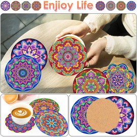 ijbnhd Mandala Diamond Painting Coasters Kit with Holder, DIY Diamond Art Coasters Cork Wooden Pad Board Double Layer is Strong and Wear-Resistant for Beginners Adults Art Craft Supplies Gift 4X4IN