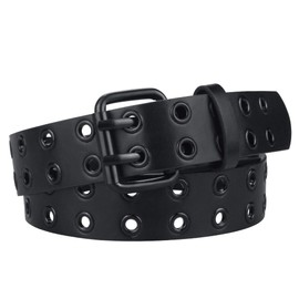 maikun Studded Belt for Women and Men,Gromment Black Double Prong Belt,Wholeblack,Length 100cm