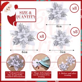 24 Christmas Glitter Artificial Poinsettia Flowers Xmas Poinsettia Artificial Wedding Flowers Decorations Xmas Tree Ornaments with Clips for Party Favors, 6 Inch, 4 Inch, 3 Inch (White)