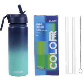 Water Bottle, 16 oz Water Bottles with Straw and Stickers, Stainless Steel Vacuum Double Wall Insulated cup,Water Bottle for School, Gifts for Girls(16OZ BLUE GREEN)