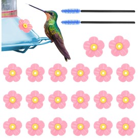 20 Set Hummingbird Feeder Replacement Flowers with 2 Cleaning Brush, Hummingbird Feeder Replacement Parts, Feeding Ports Bee Guards for Hummingbird Feeders for Outdoors Hanging Feeder (Pink)