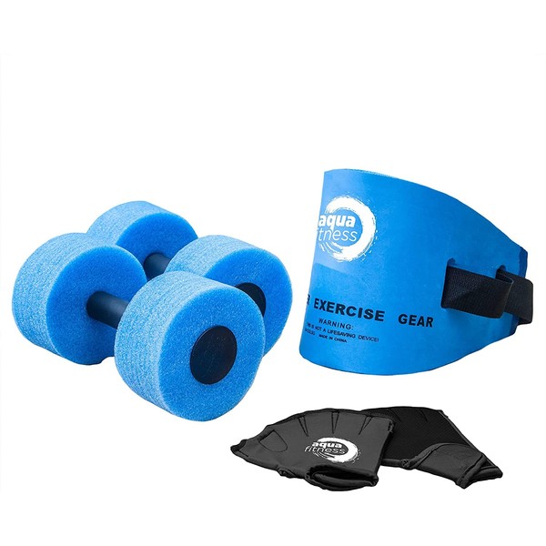 Aqua 6-Piece Fitness Set - Adult Water Aerobics Equipment for Pool - Includes Aquatic Swim Belt, Resistance Gloves, and Dumbbells