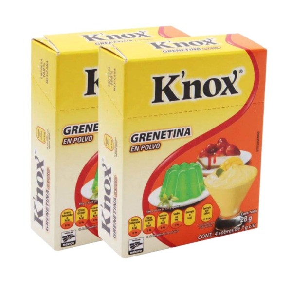 Knox Grenetina para Gelatina en Polvo Natural Sin Sabor 2 Pack - cada caja contiene 4 sobres individuales de 7gr
