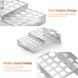 Skyflame Jalapeno Grill Rack with Corer Tool, 34 Hole Stainless Steel Chili Pepper Holder with Upgrade Design in 2 Heights and 3 Hole Sizes for Grilling Jalapeño Peppers, Chicken Wings, Drumsticks