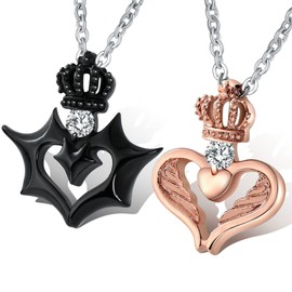 Aienid Him and Her Necklaces Stainless Steel "Devil and Angel Love" Crown Pendant with CZ