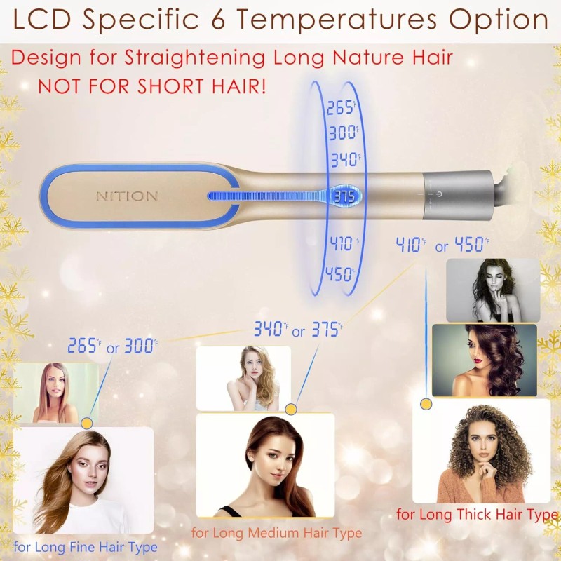 NITION LCD Ceramic Tourmaline Hot Hair Comb Flat Iron 450°F