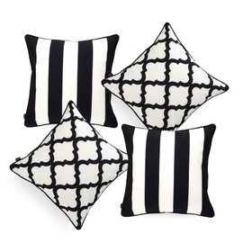 Hofdeco Indoor Outdoor Pillow Cover ONLY, Water Resistant for Patio Lounge Sofa, Black White Stripes Moroccan, 18"x18", Set of 4