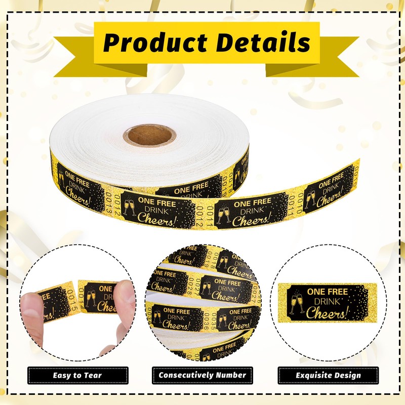 FYSUIMU 1000Pcs Black Gold Drink Tickets Roll Single Raffle Tickets